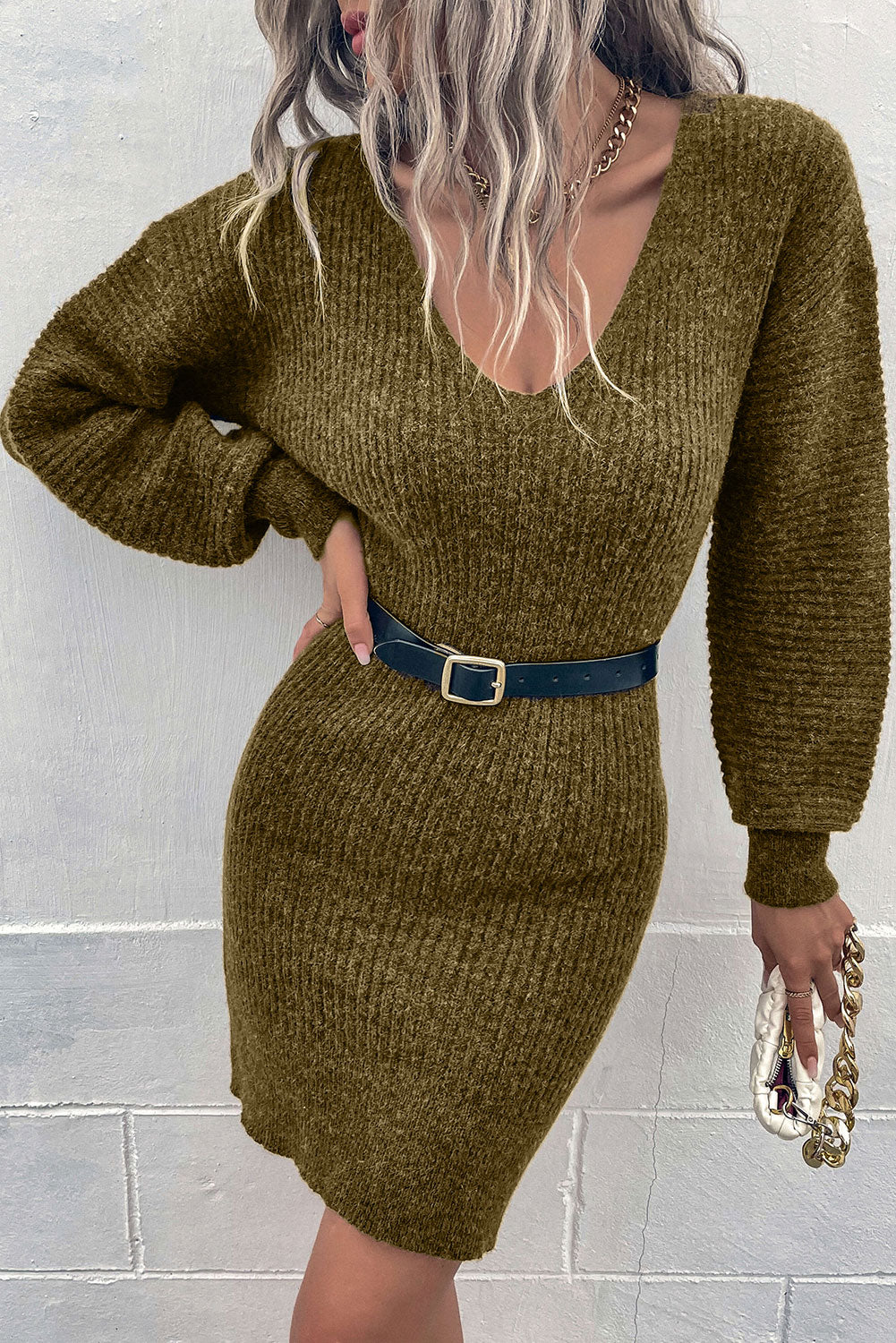 Pink V Neck Bodycon Sweater Dress