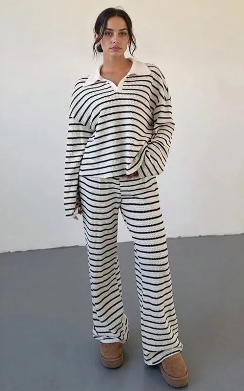 Women's casual color-block striped two-piece set