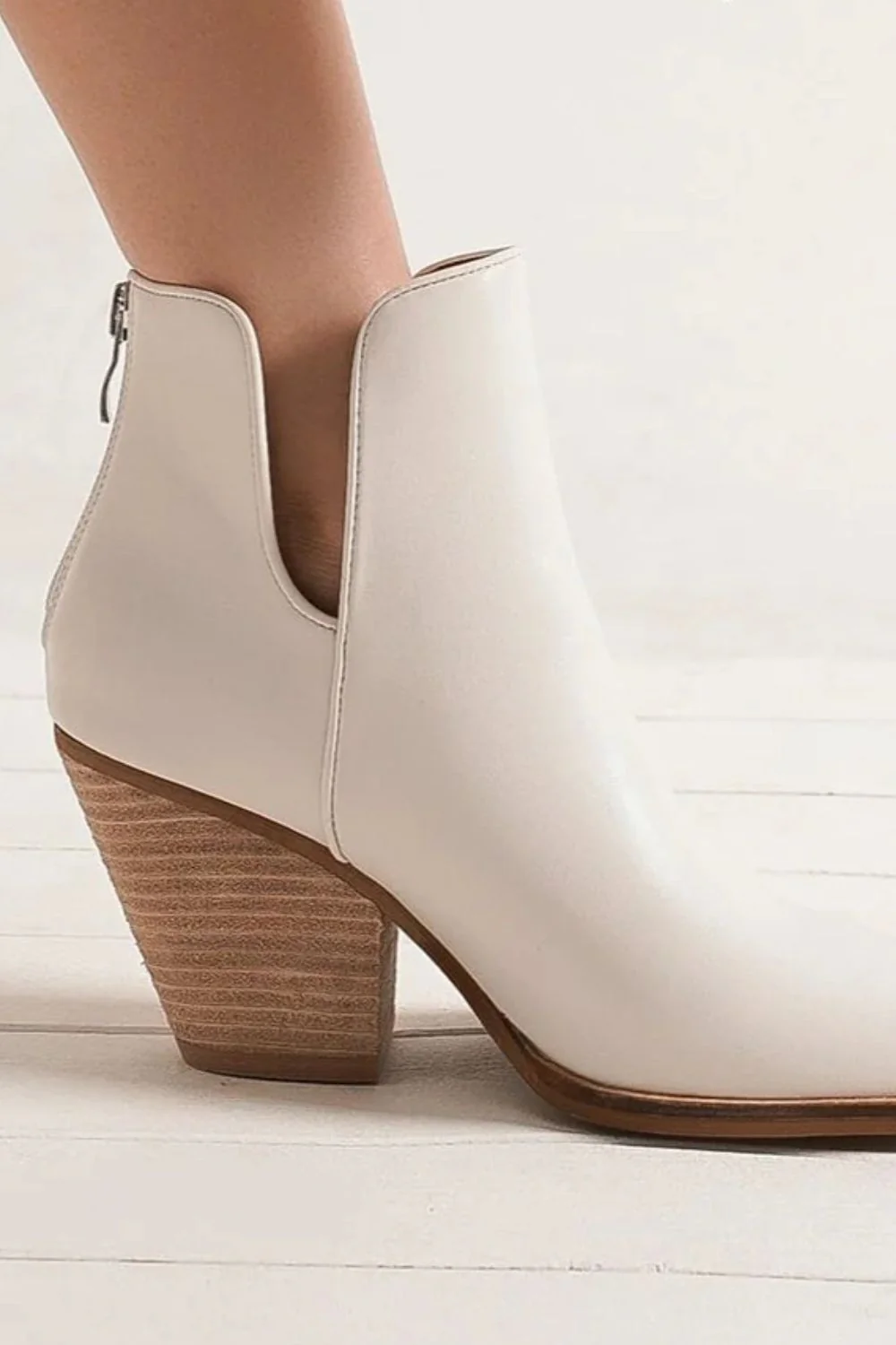 Pointed Metal-Tip Toe Block Heel Ankle Boots in White