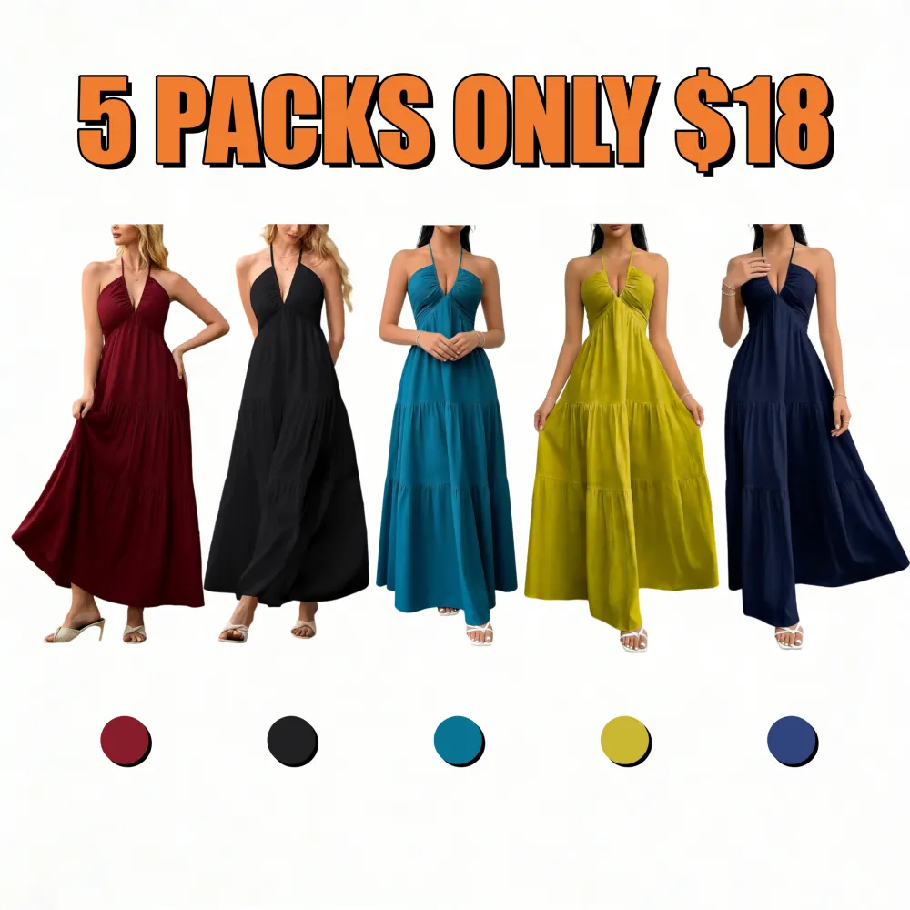 Women's Casual Fashion Solid Color Dresses V-Neck Sleeveless Dresses