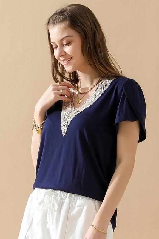 Gold Lace V Neck Ruffle Short Sleeve Top