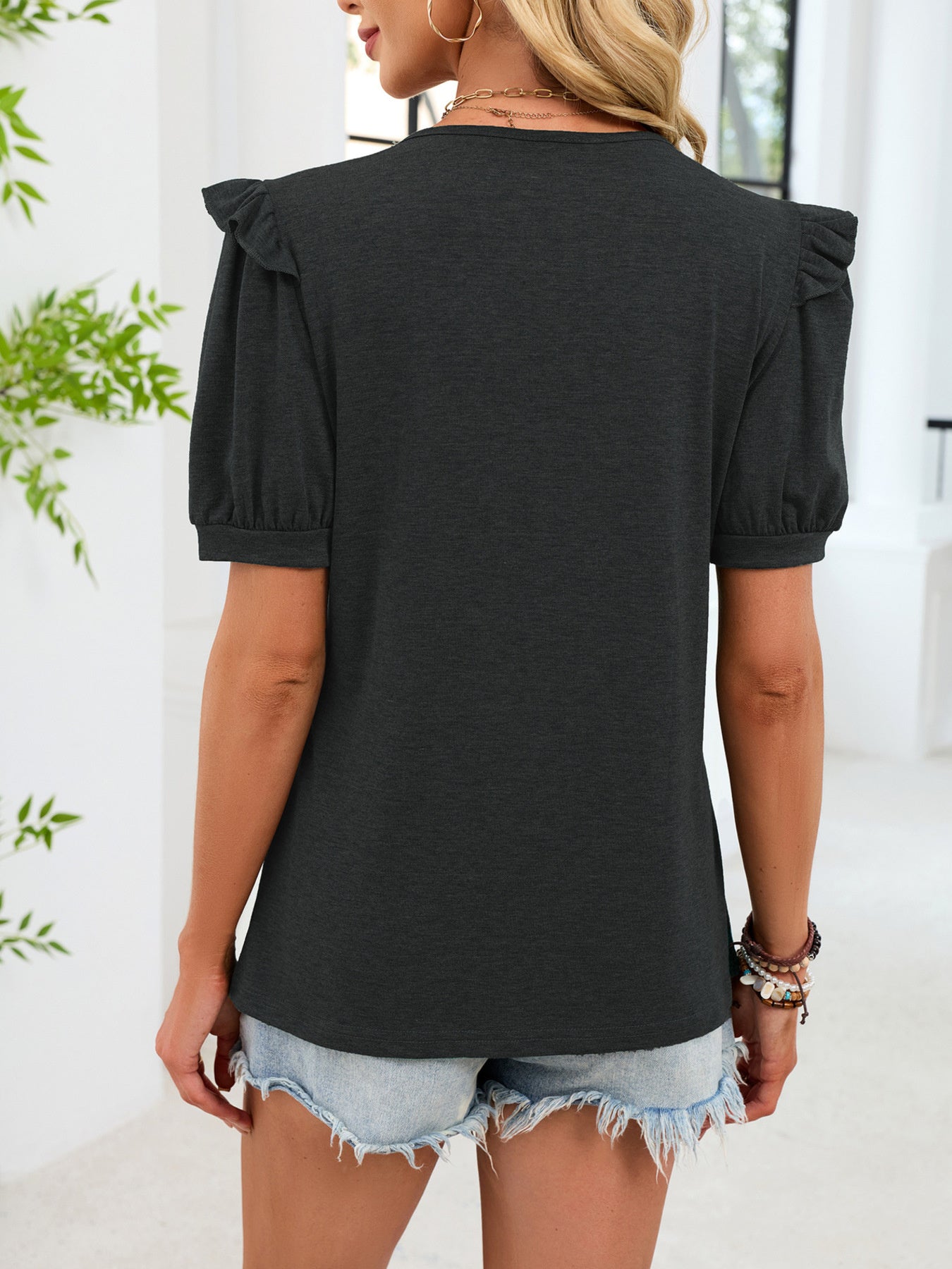 Ruffled Solid Color Short Sleeve T-Shirt