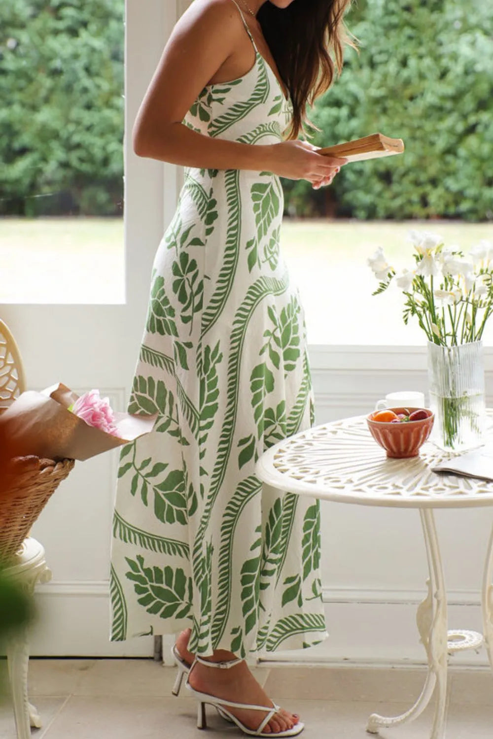 Leaf  Print Slit V-Neck Midi Cami Dress