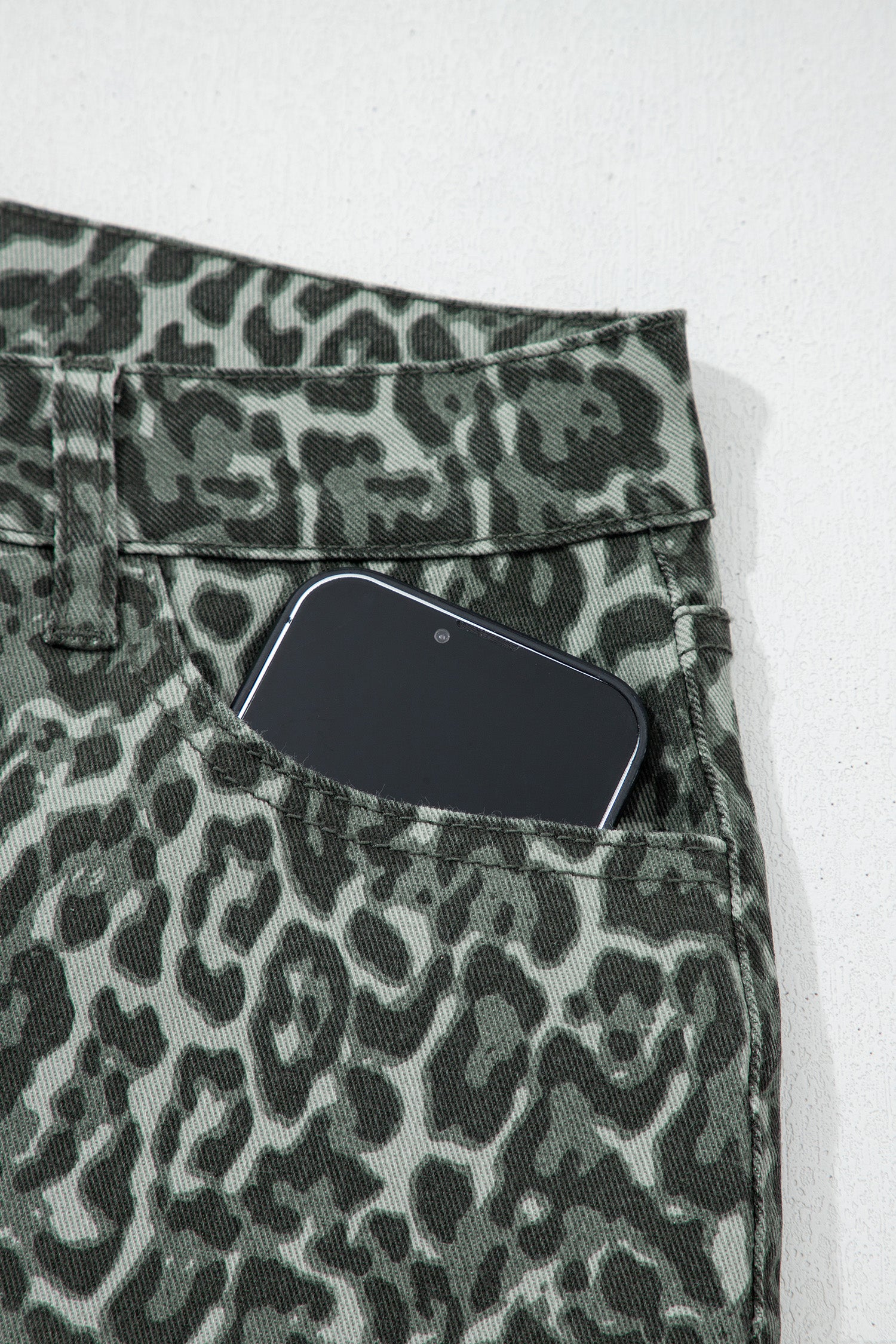 Gray Leopard Frayed Edge Wide Leg High Waist Jeans