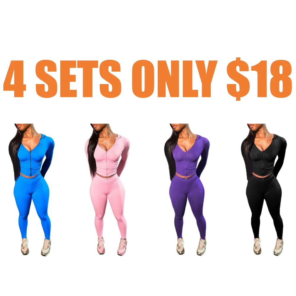 Women's Solid Color Zip Up Crop Top & High Waist Leggings Sets