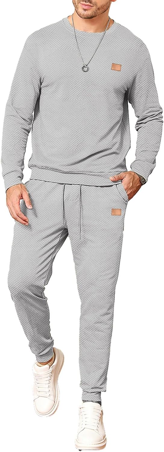Men's 2 Piece Outfits Knit Jacquard Pullover Sweatshirt Tracksuit & Joggers Sweatpants Sweatsuit Sets with Pockets