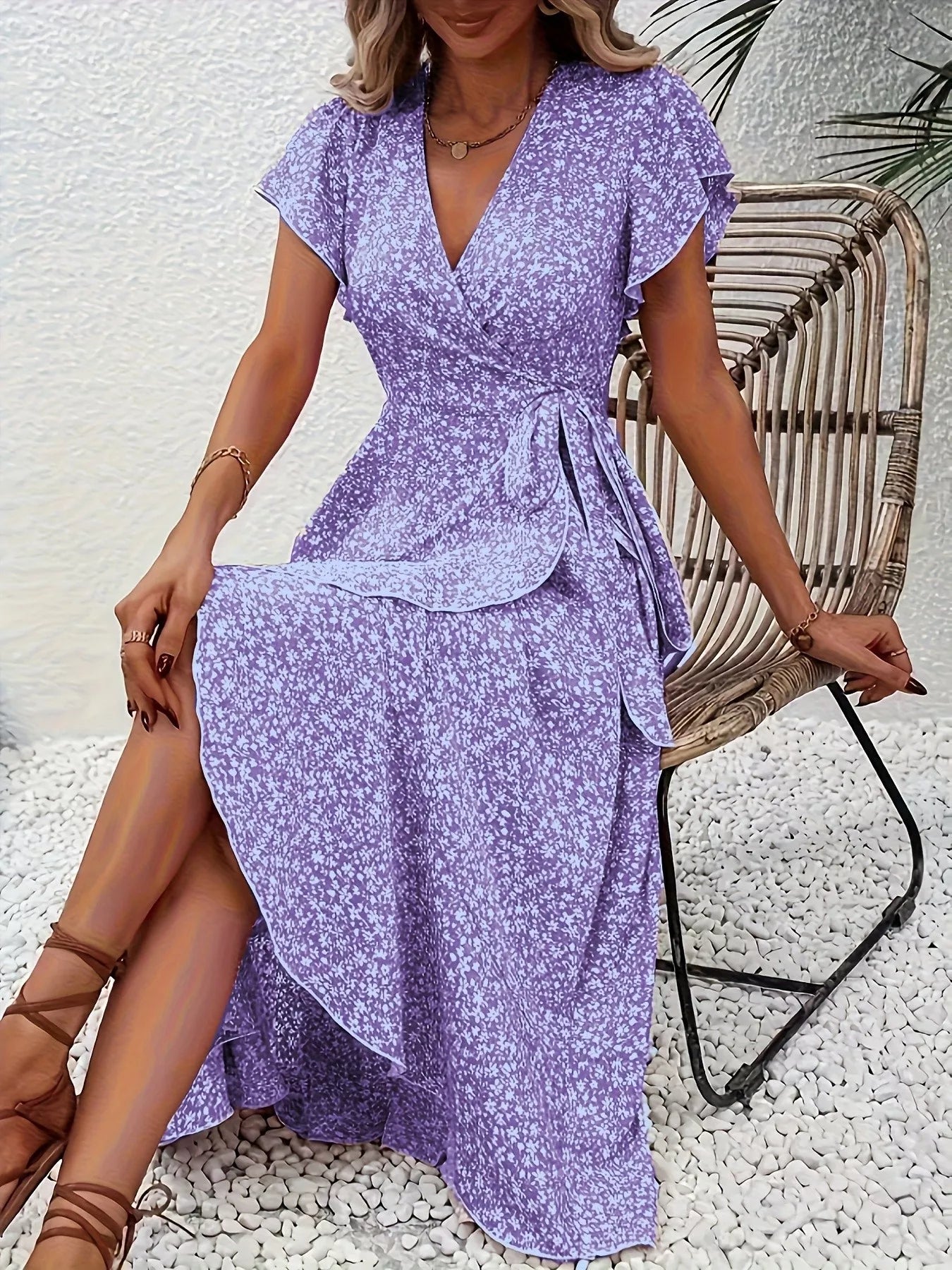 Floral Print Ruffle Hem Wrap Midi Dress