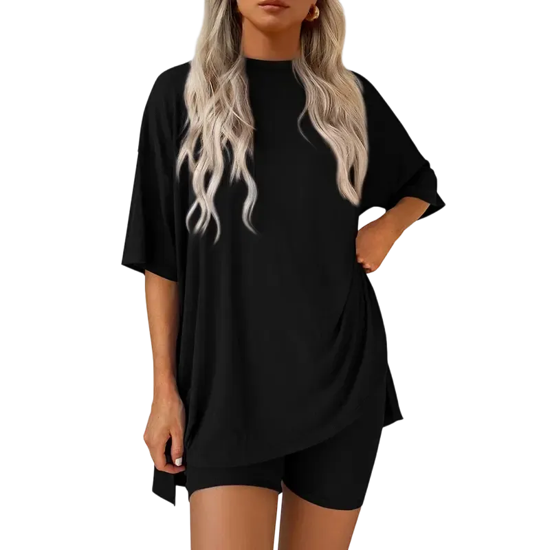 🔥Women's two-piece set: slit-hem shirt paired with shorts