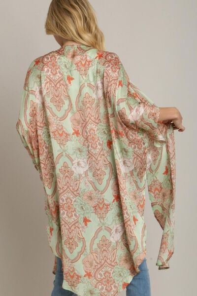 Elegant Mixed Print Open Front Kimono with Ruffle Sleeves