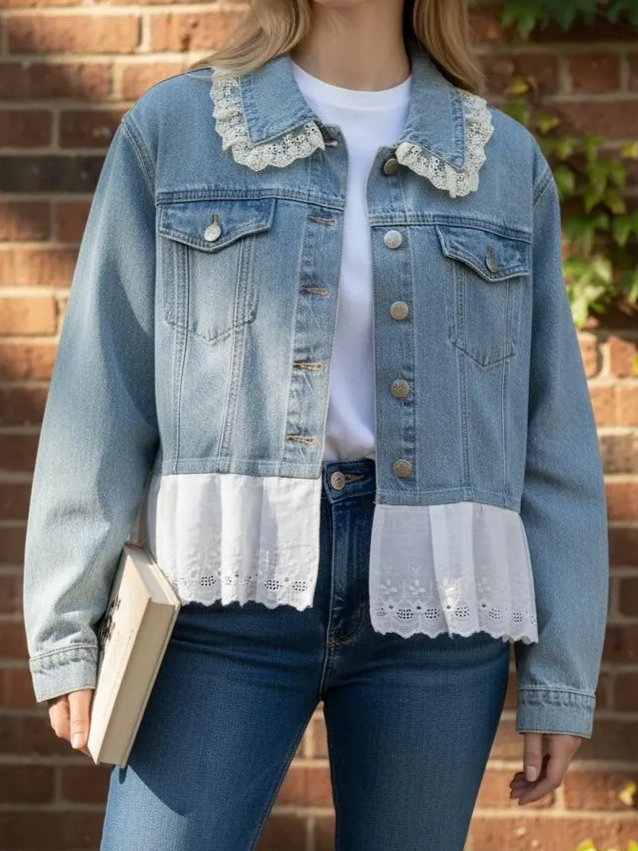 Upcycled Denim Jacket with Lace Collar & Ruffle Hem – One of a Kind Boho Style