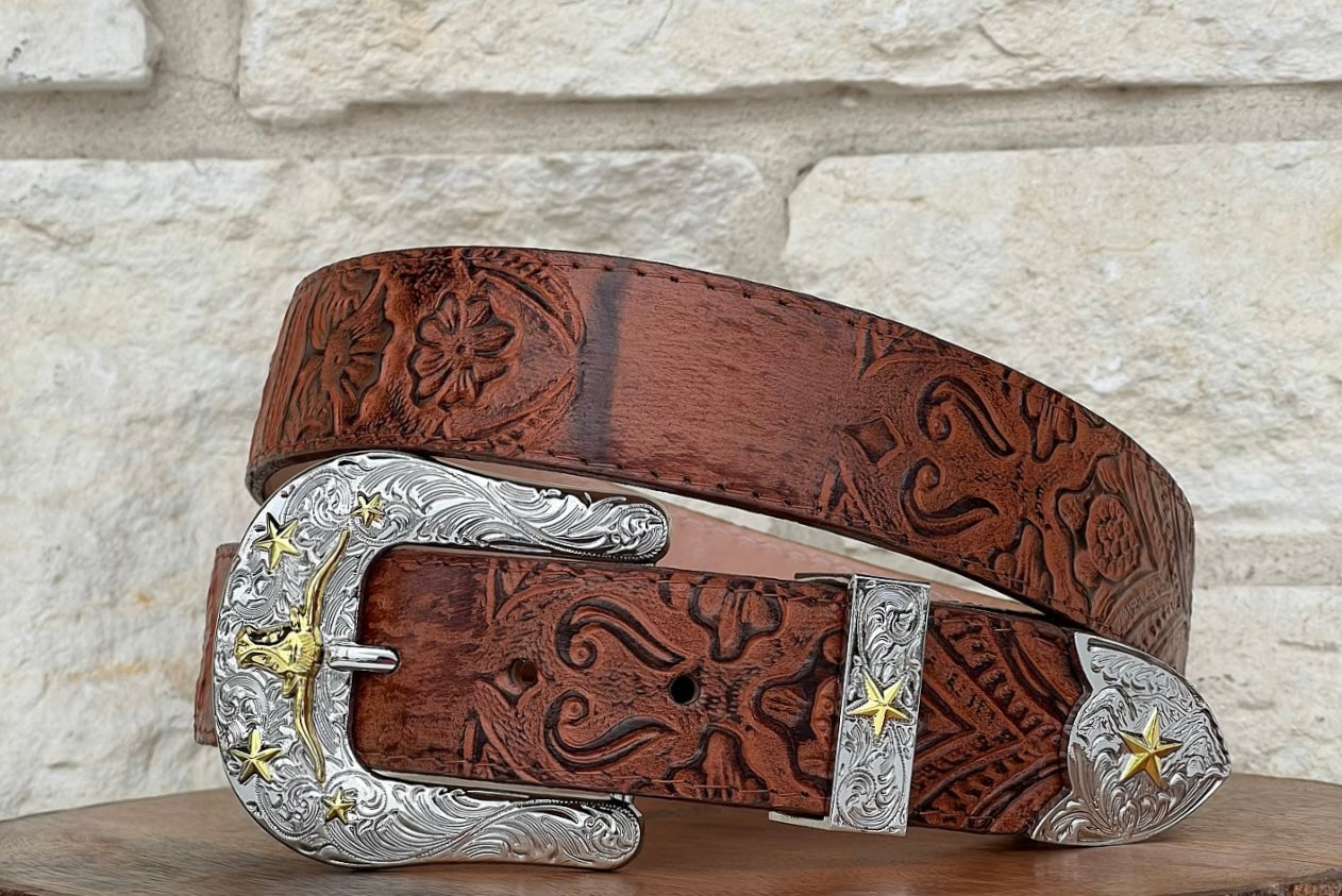 Cognac Hand-Tooled Leather Belt