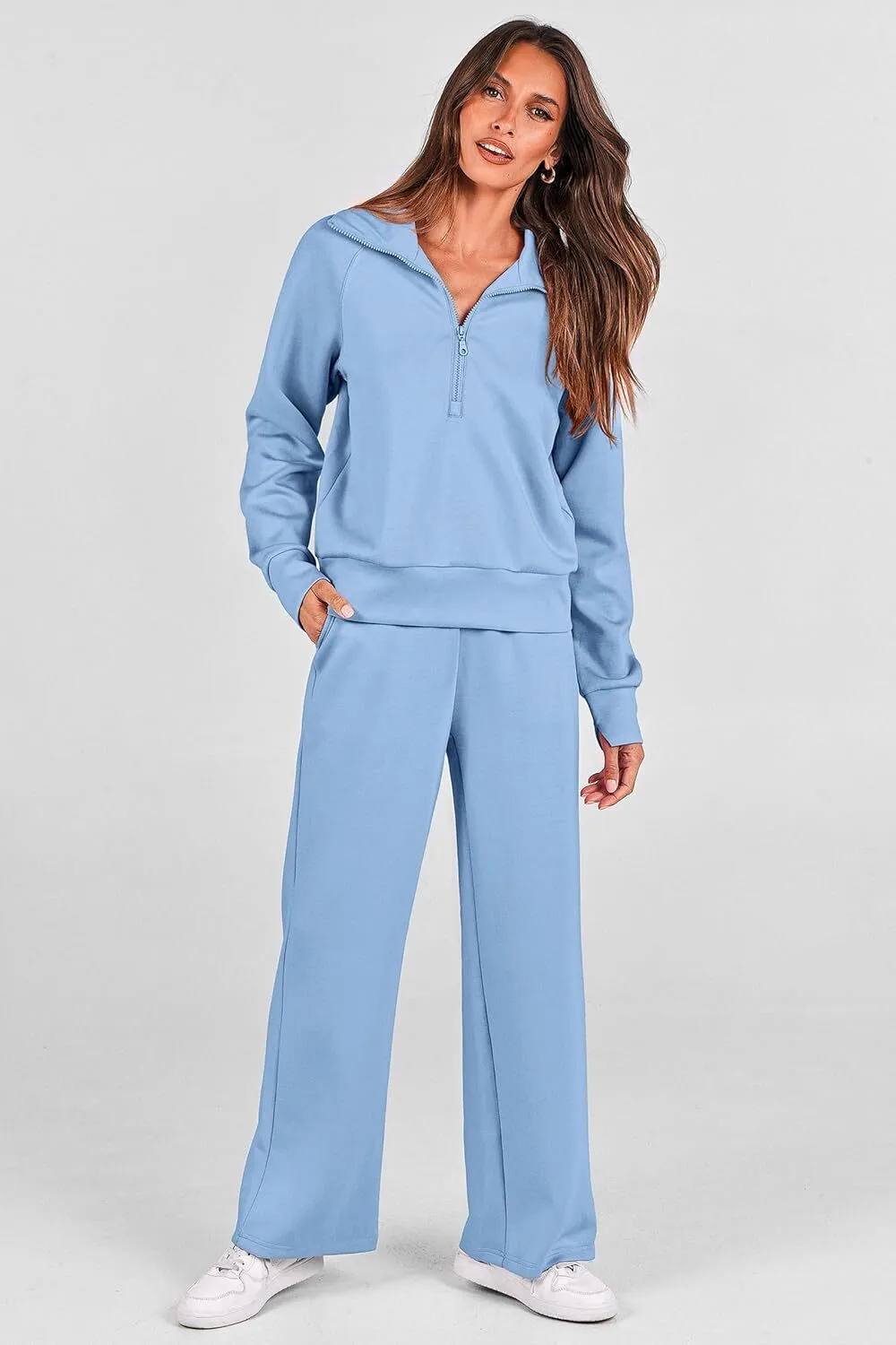 🔥Final Day Clearance!🛒Women's 2 Piece Outfits Casual Lapel Half Zip Sweatshirts And Wide Leg Pants Tracksuit Sets