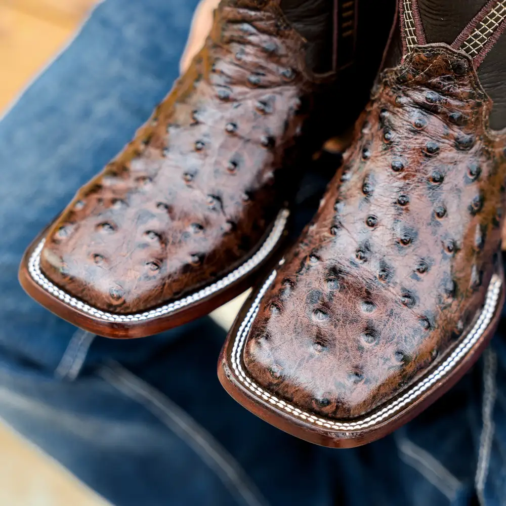 Chocolate Brown Ostrich Leather Boots - Square Toe