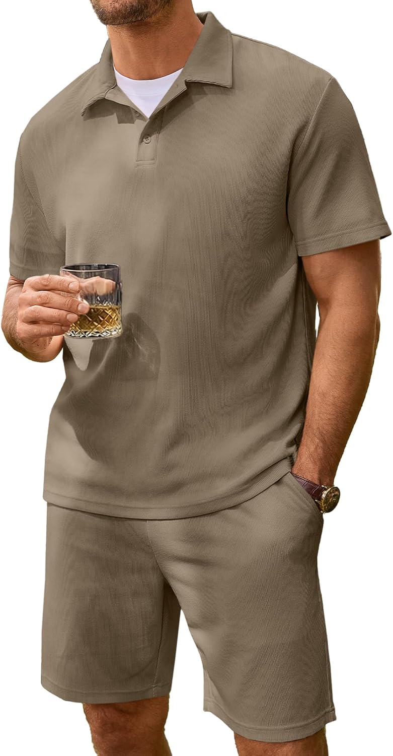 Men's 2 Pieces Outfits Casual Knit Ribbed Textured Button Down Short Sleeve Polo Shirt and Shorts Set