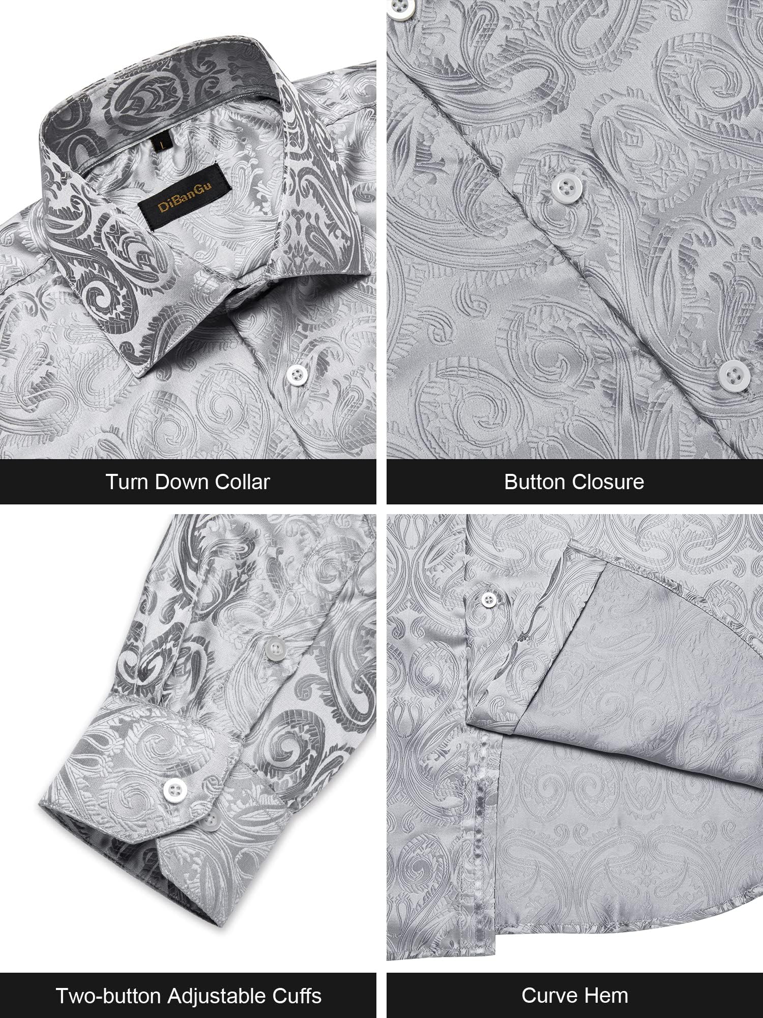 Men's Paisley Dress Shirt Long Sleeve Wrinkle Free Button Down Cowboy Shirts - Silver&paisley