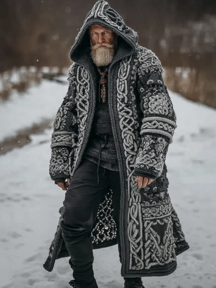 Men's Viking Celtic Knot Art Pocket Mid-length Hooded Cardigan Sweater