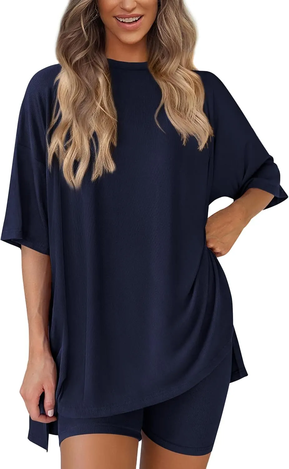 Special Sale❤️Women's Two Piece Lounge Set 2026 Summer Casual Oversized Shirts  Biker Shorts Matching Airport Travel Outfit