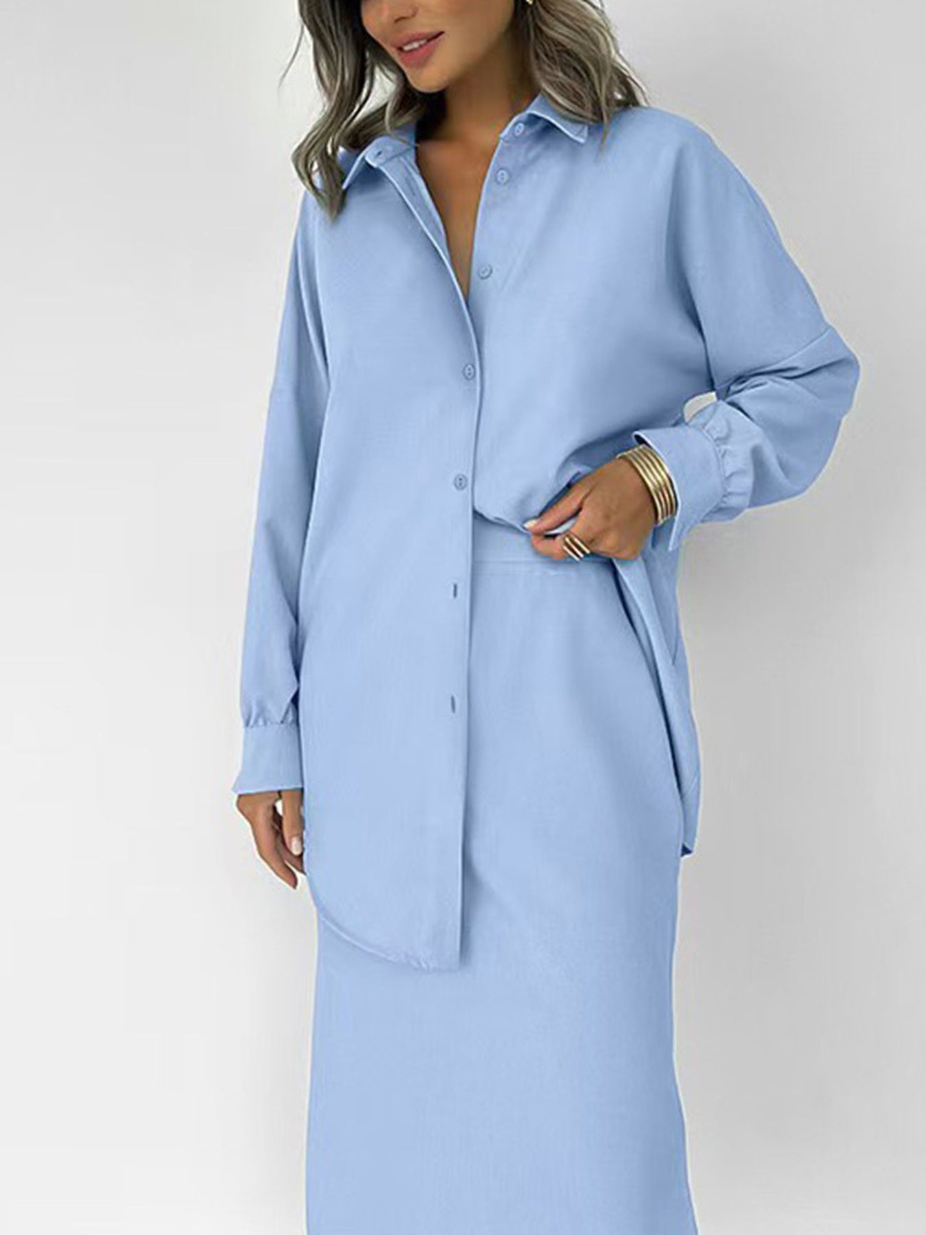 Long Sleeve Shirt and Slit Midi Skirt Set