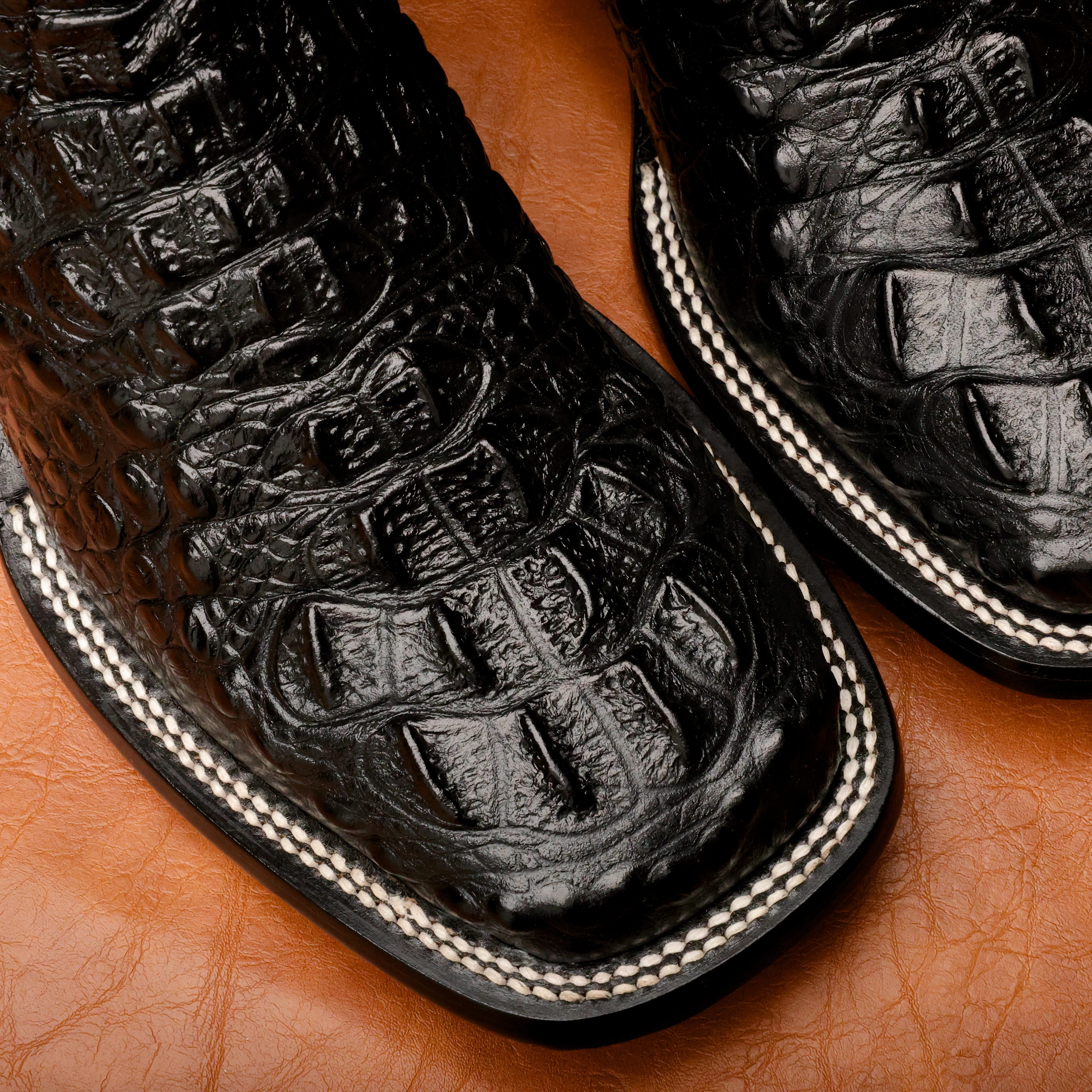 Black Caiman Neck Leather Boots - Square Toe