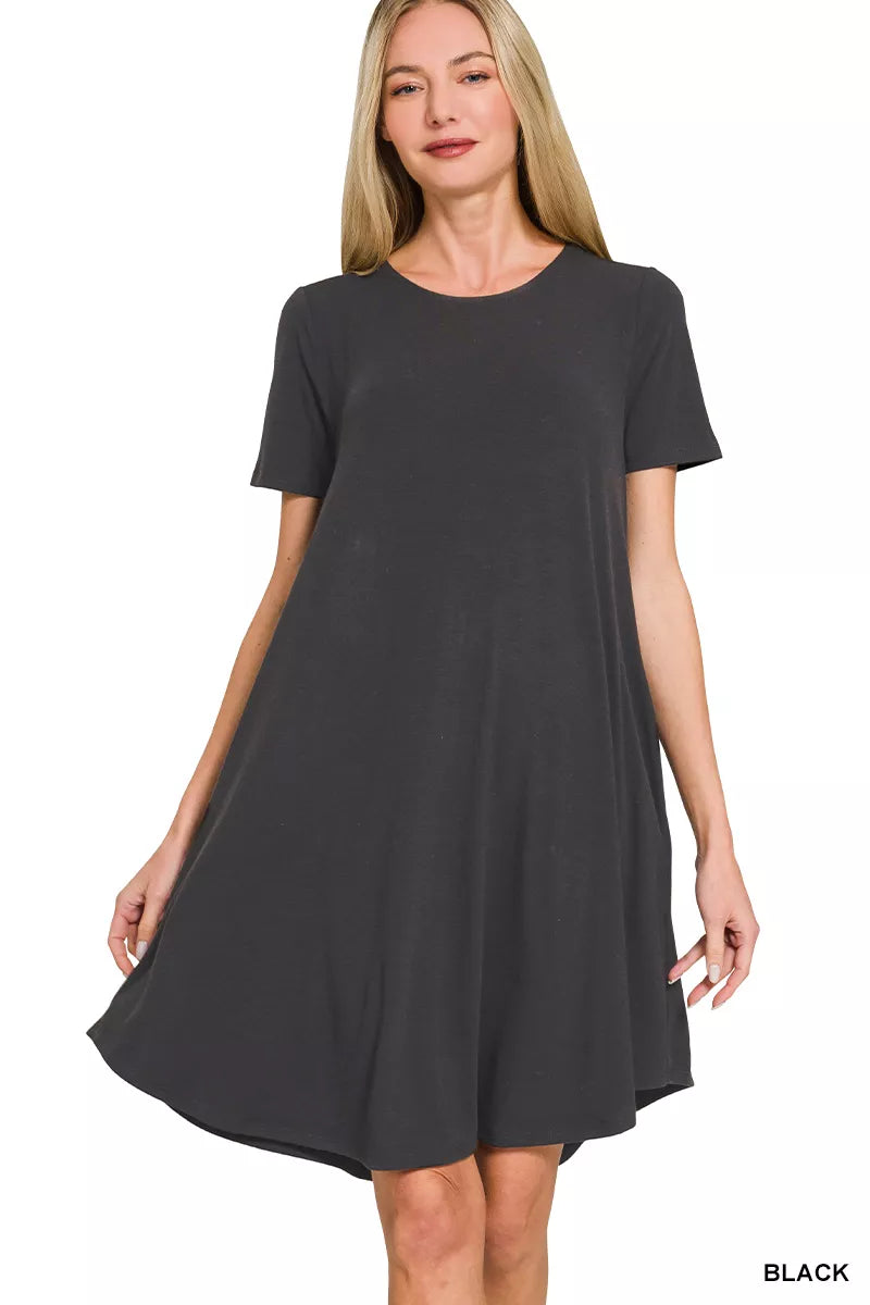 Zenana Short Sleeve Round Hem A-Line Dress With Side Pockets
