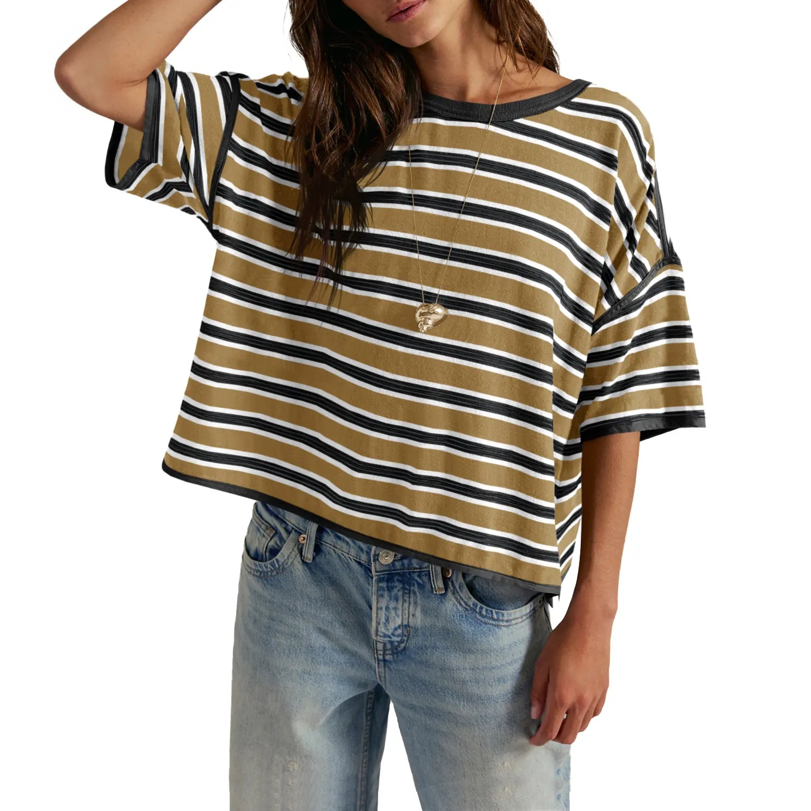 🎨🎨🎨Women's Striped Oversized Crewneck T-Shirt