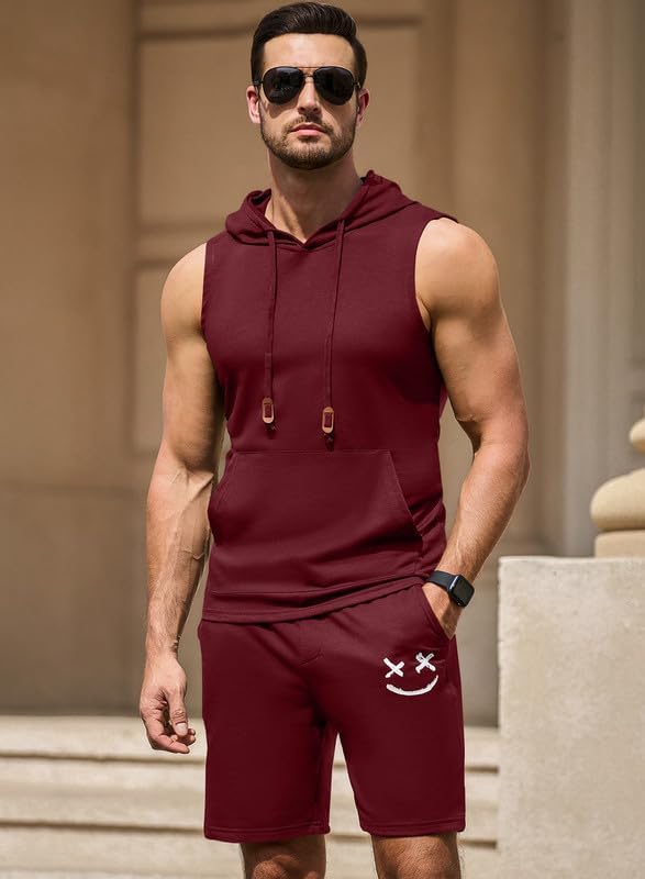 Men's Hoodie Short Set Workout Hooded Tank Top Solid Color 2 Piece Outfit Summer Sleeveless Tracksuits