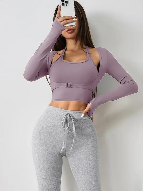 Women's Halter Crop Tank Top & Thumb Hole Sports Tee Set