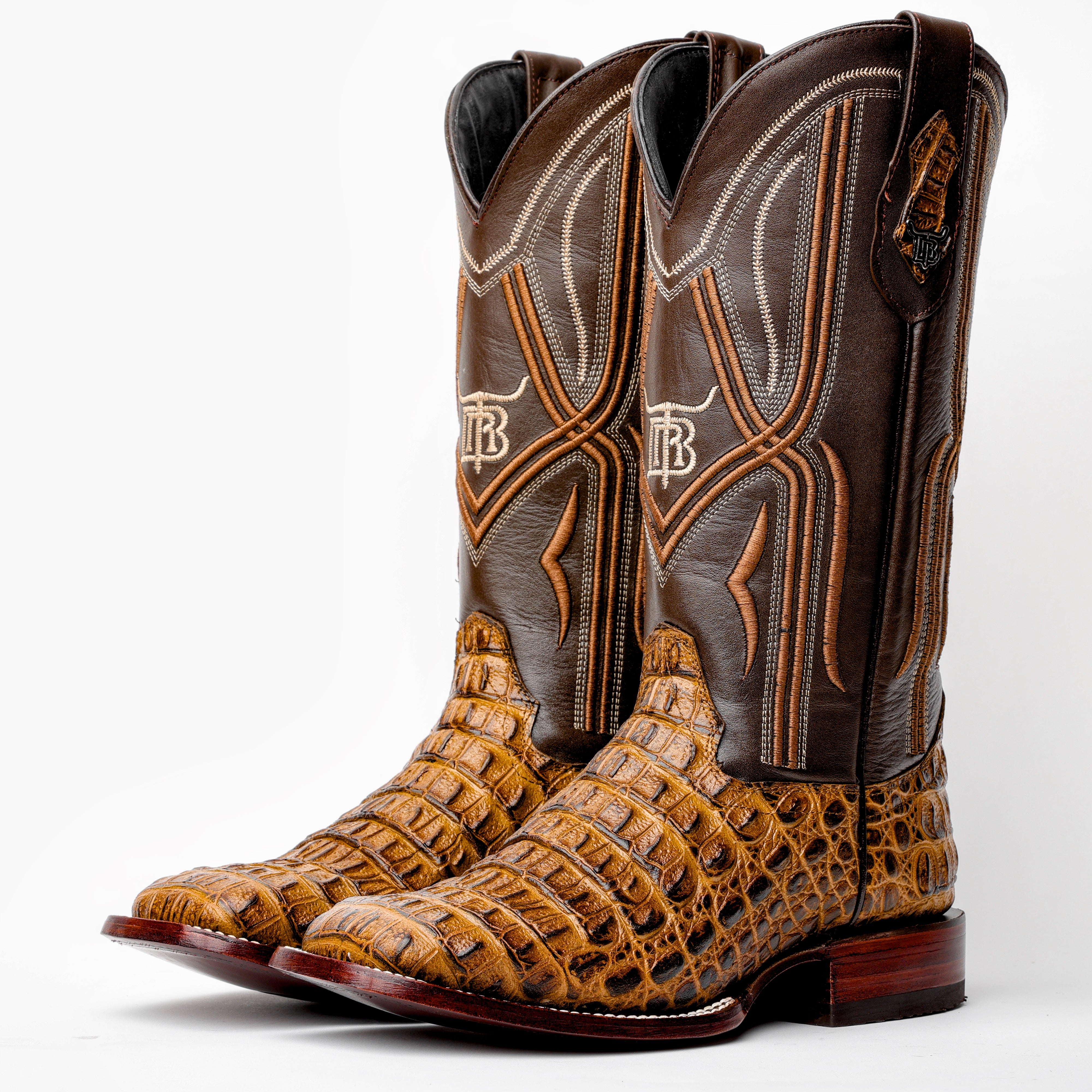 Honey Caiman Hornback Leather Boots - Square Toe