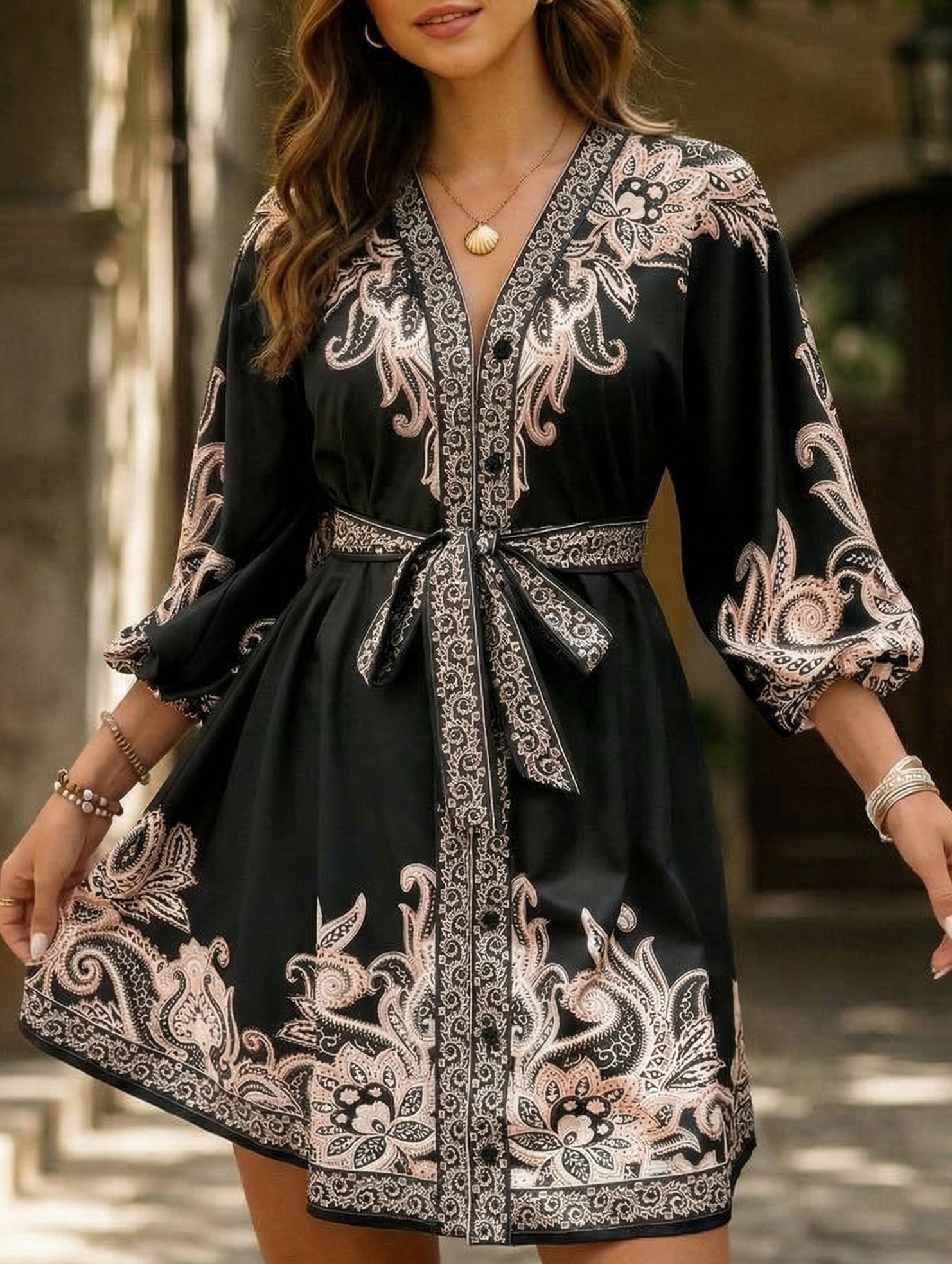 Tie Waist Print Midi Dress