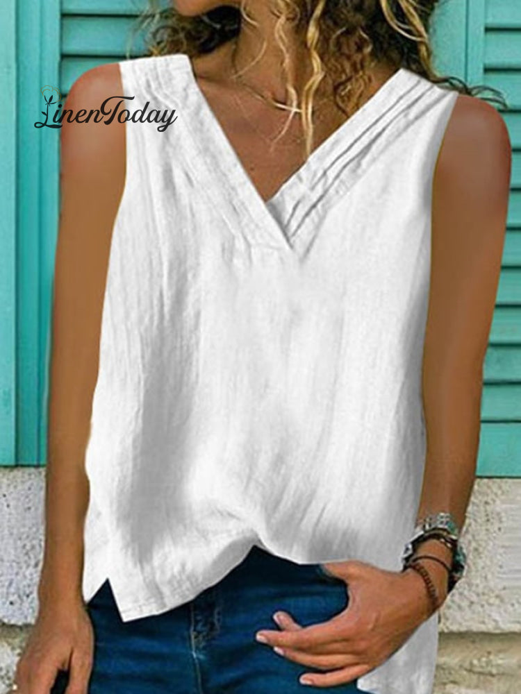 Women's V-Neck Hem Split Sleeveless Shirt