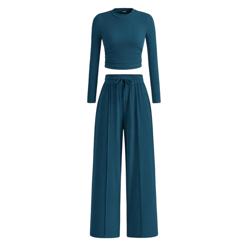 Ribbed Knit Long Sleeve Crop Top Wide Leg Pants