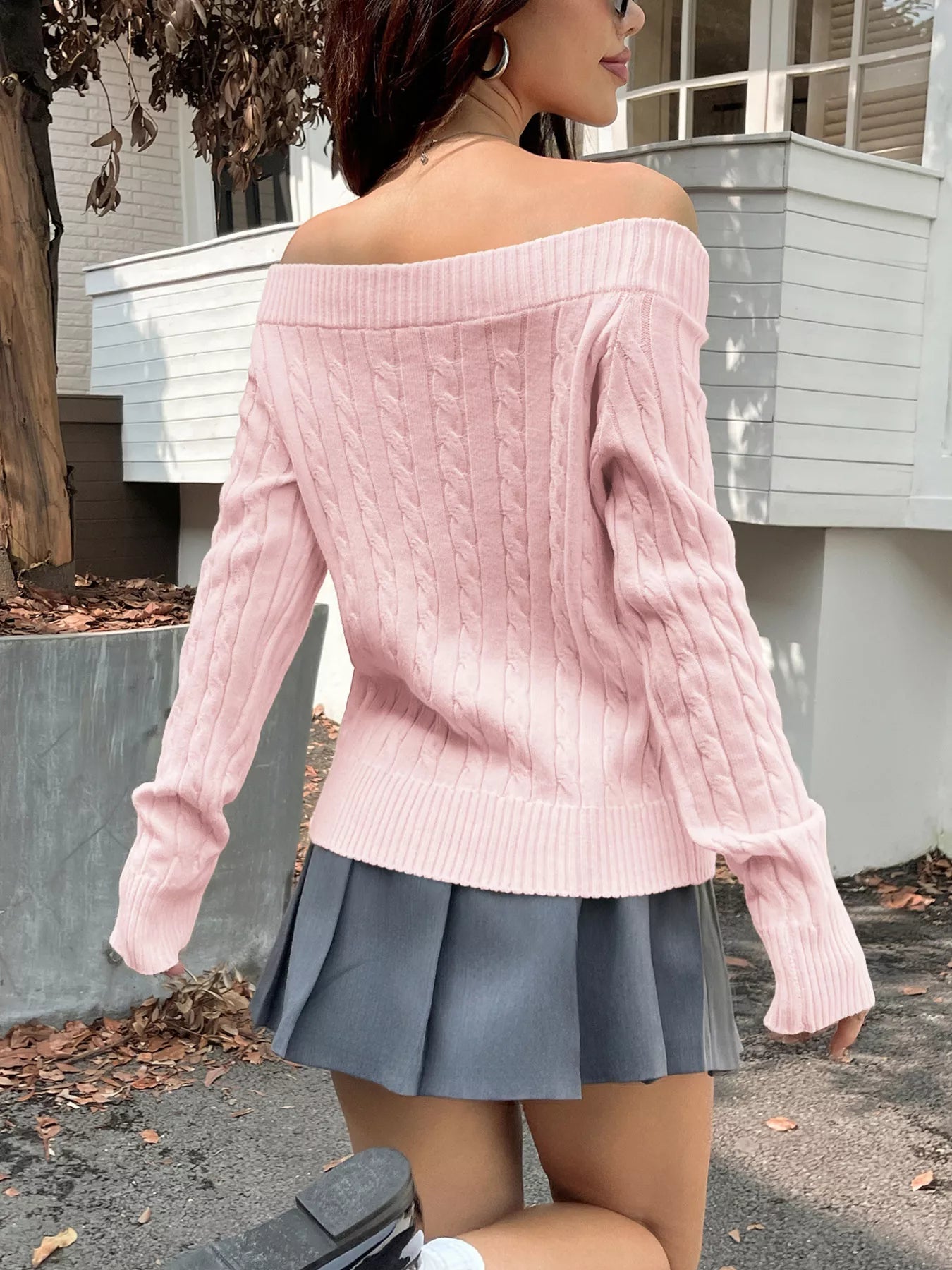Off-Shoulder Cable Knit Sweater