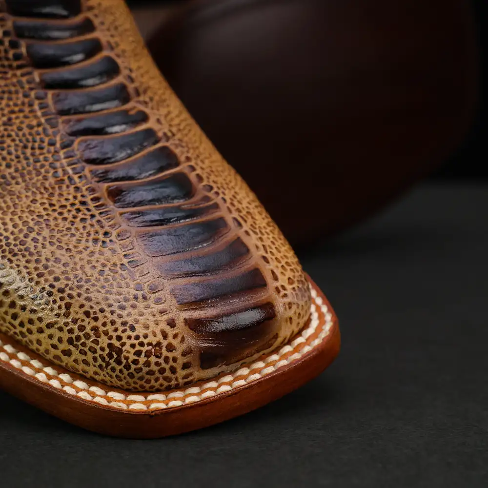 Honey Ostrich Leg Leather Boots - Square Toe