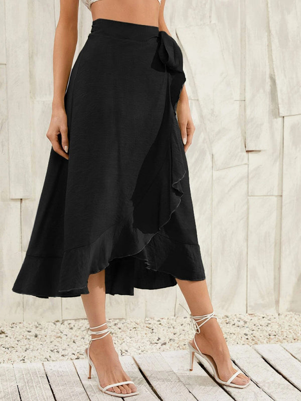 Waist Tie Solid Color Irregular Midi Flare Skirt