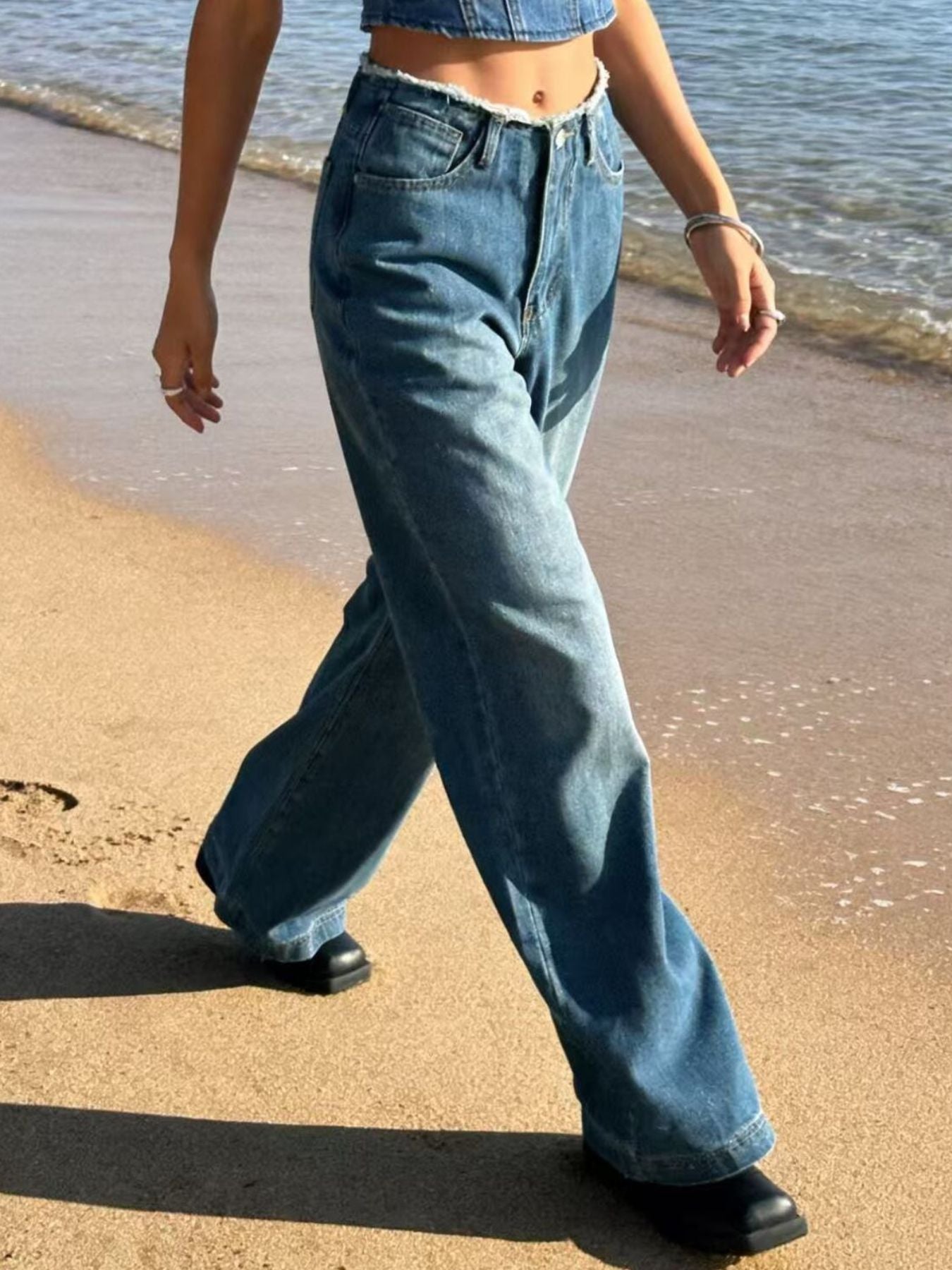 Frayed Hem Wide Leg Jeans