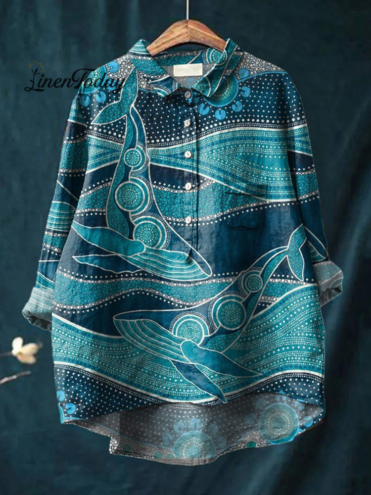 Whale And Ocean Art Printed Women's Casual Cotton And Linen Shirt