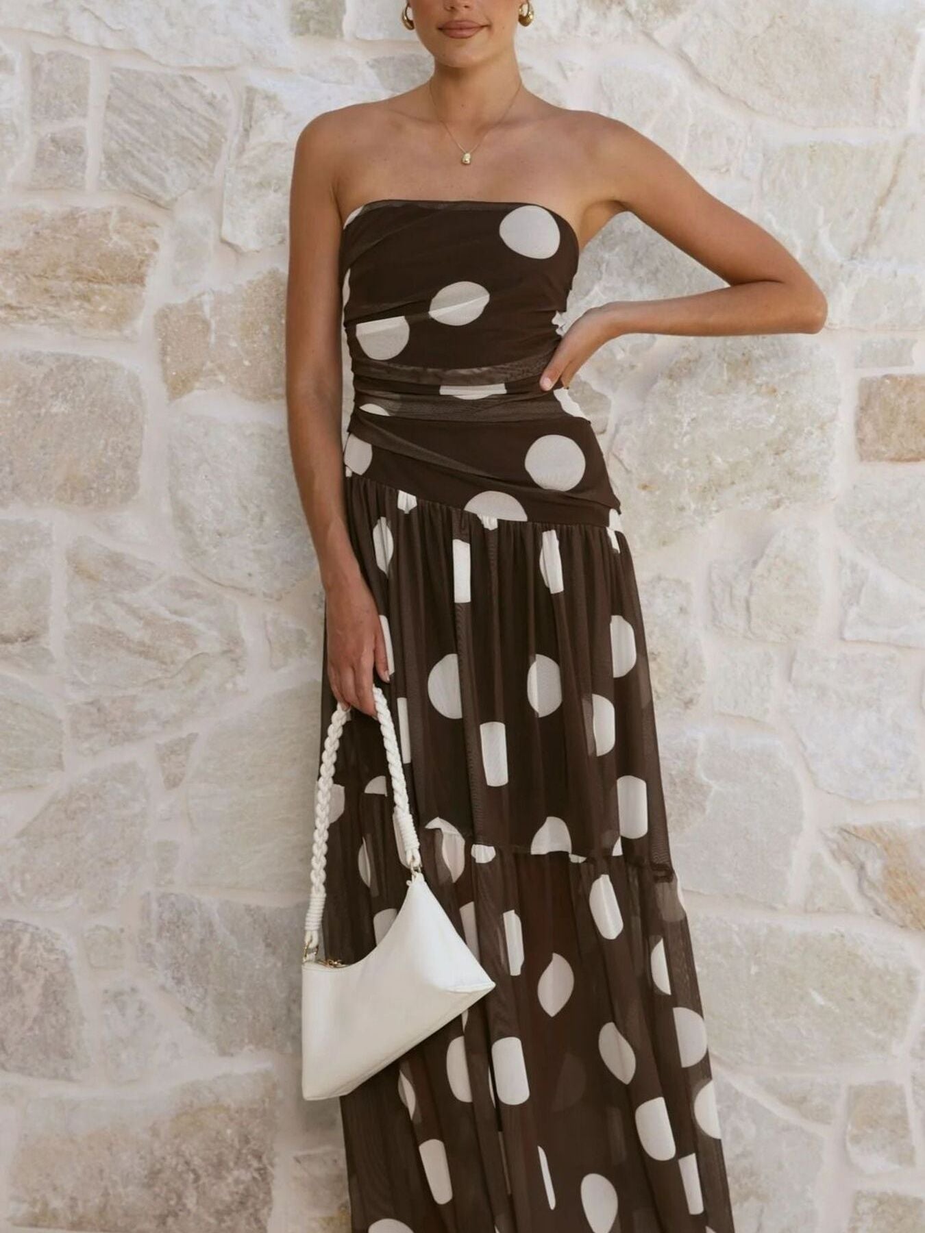 Polka Dot Strapless Ruched Maxi Dress