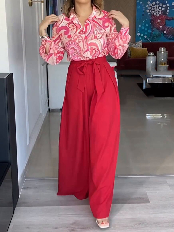 Printed Buttoned Lapel Blouse + Tied Waist High Waisted Wide Leg Pants Two Pieces Set