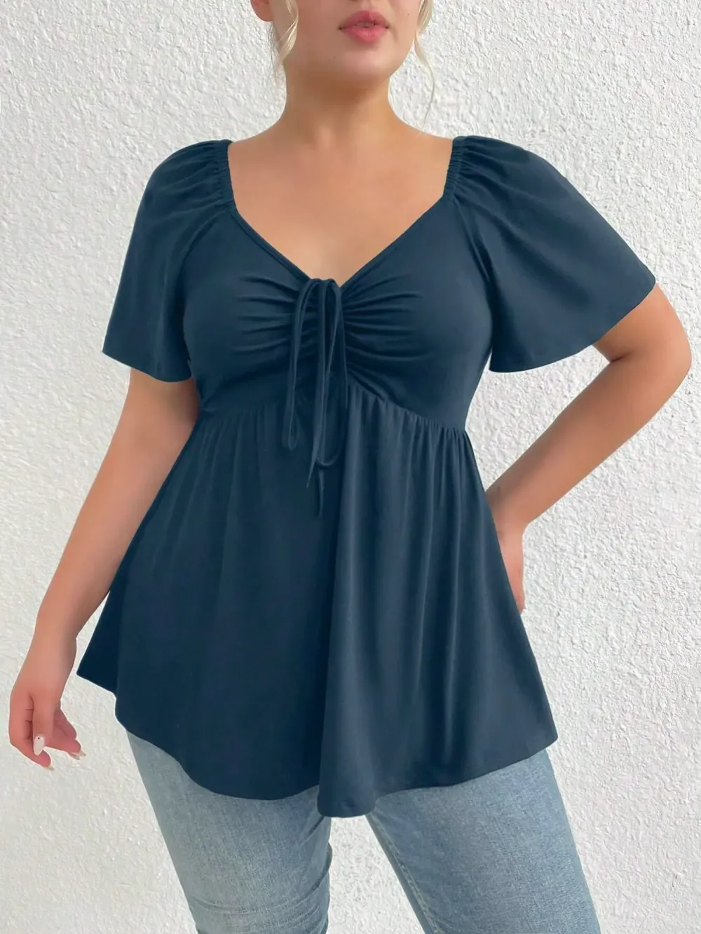 Plus Size Solid Color Rhinestone Collar Tie Front Short Sleeve Simple Casual T-Shirt