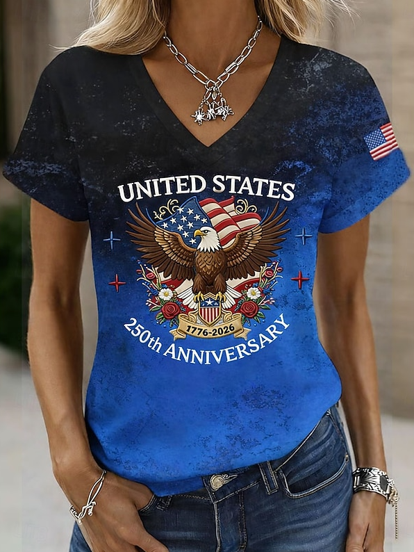 Gradient Pattern Casual Cotton V Neck T-Shirt