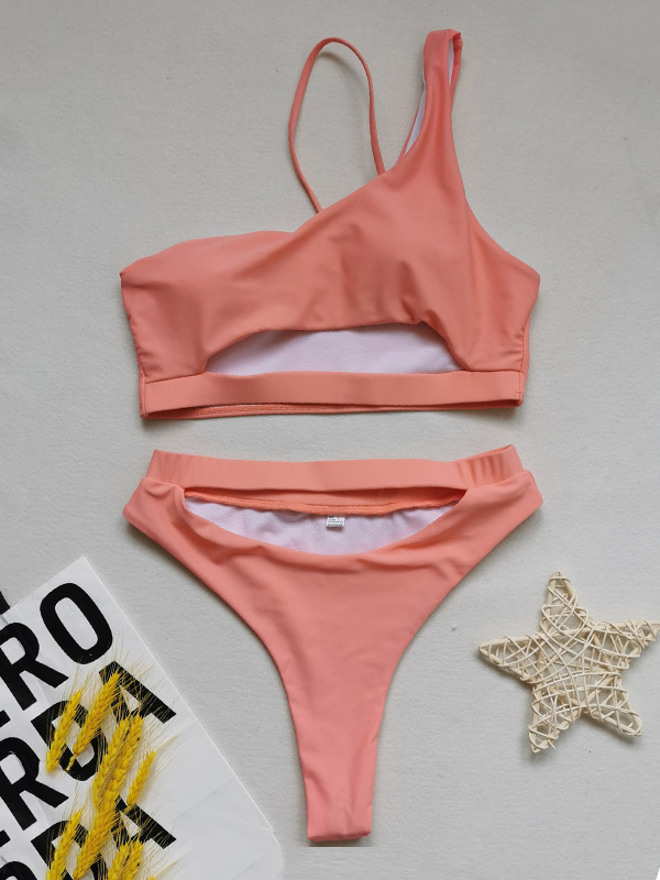 Fashion One-Sholuder Hollow Bralette High-Waisted Plain Bikini Swimwear