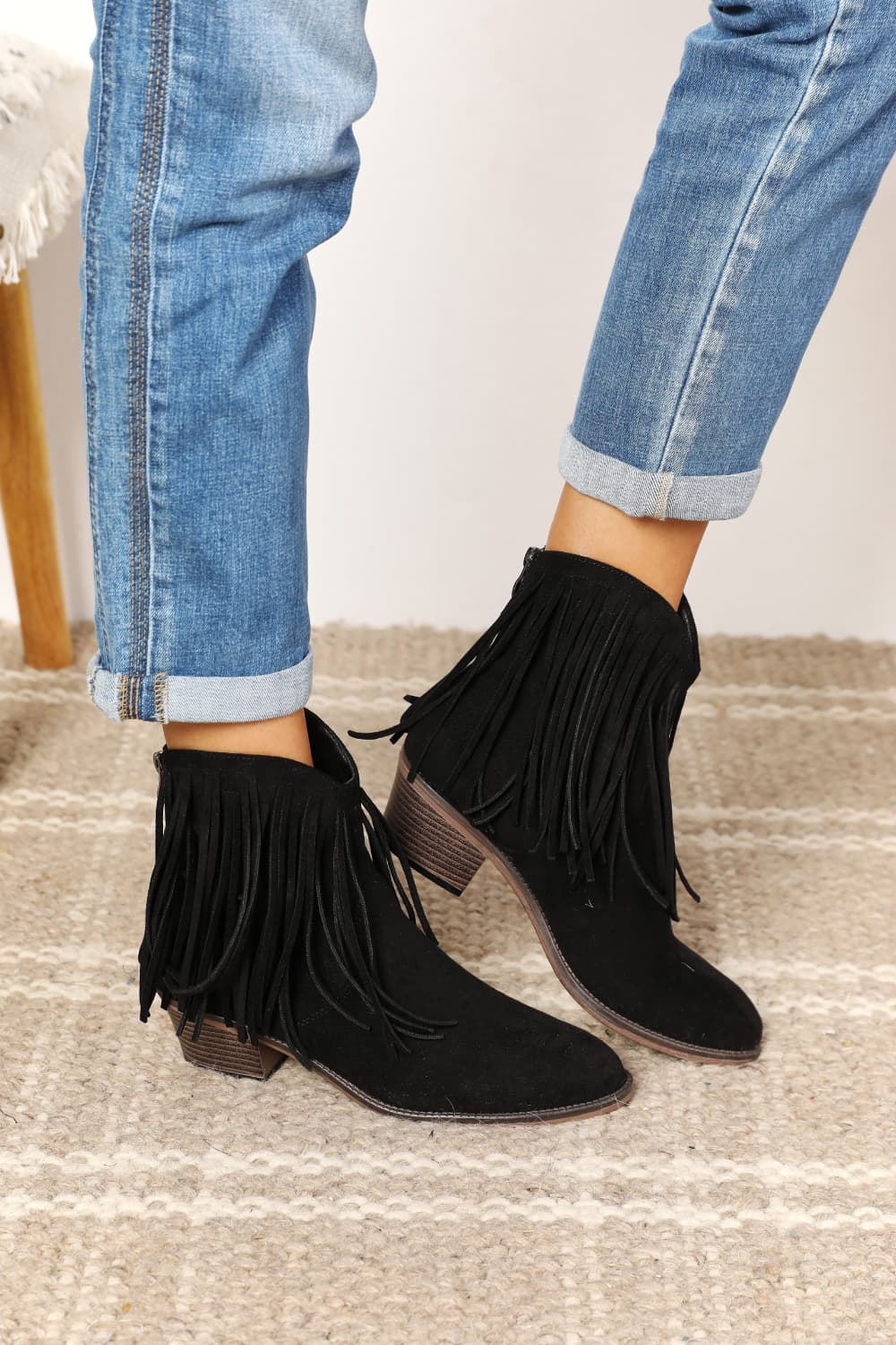 On The Fringe Cowboy Western Ankle Boots in Black