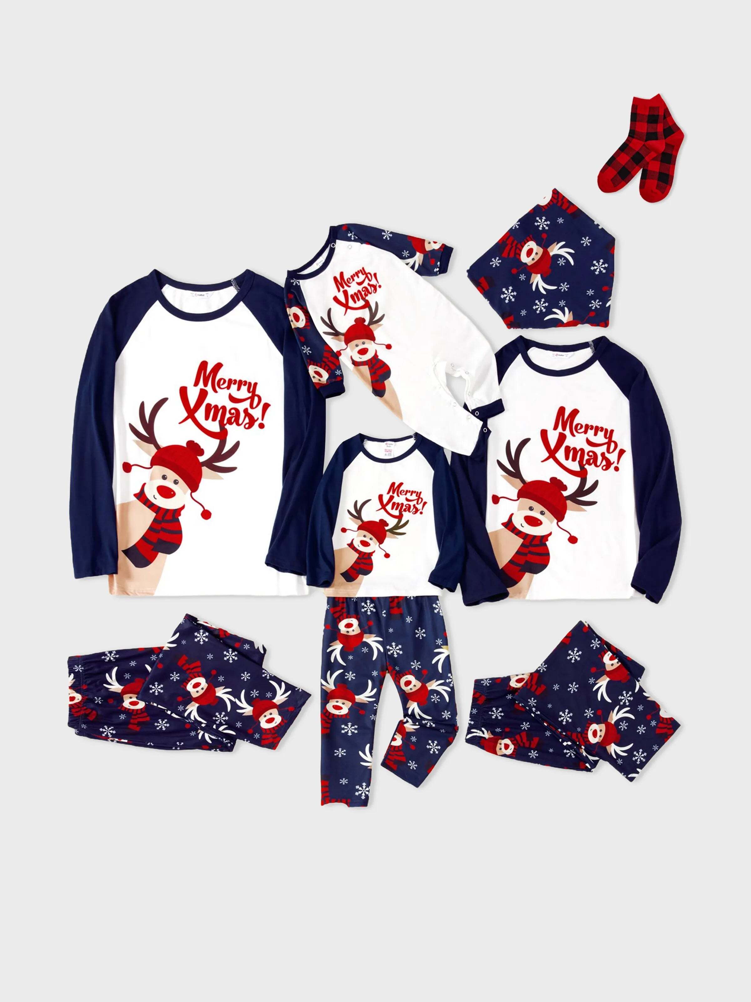 Christmas Family Pajamas Reindeer Pattern Big Graphic Raglan Sleeves Pajamas Sets with Christmas Socks Dark blue/White/Red