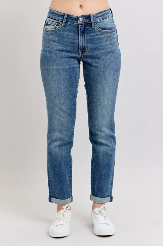 Blue Full Size Mid Rise Skinny Cuff Jeans with Pockets Plus Size