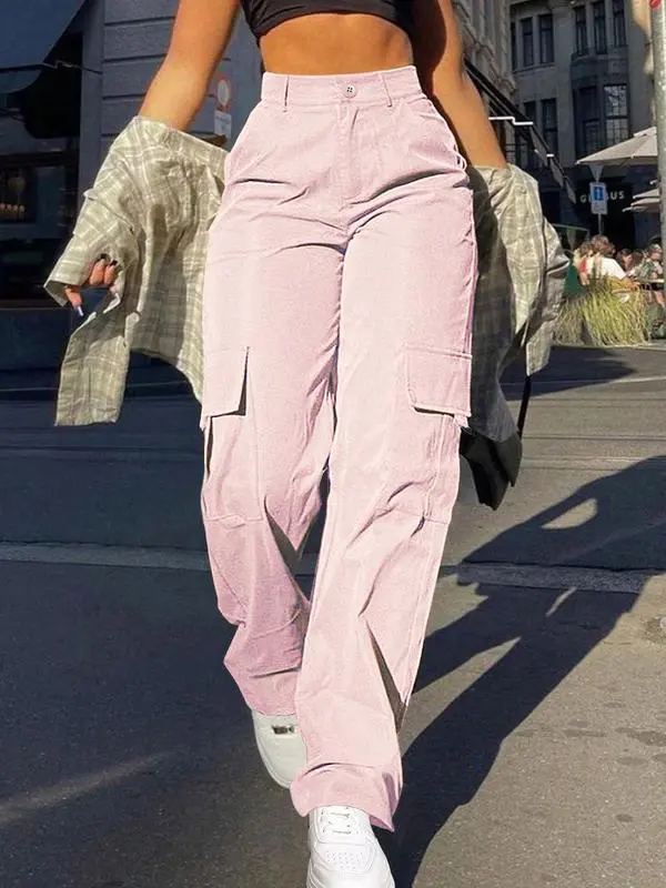 Women's Plain Flap Pocket Button High Waist Cargo Pants