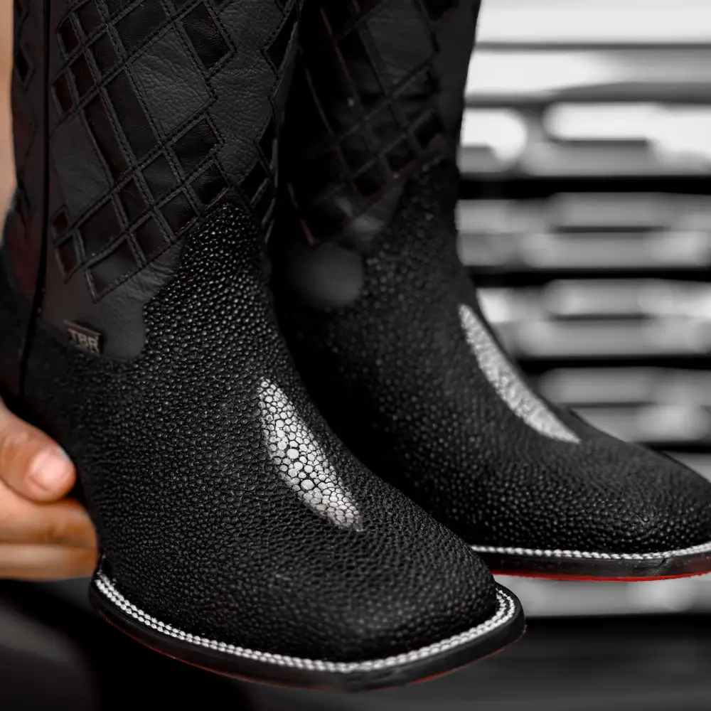 Black Stingray Leather Boots - Square Toe