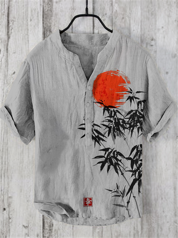 Japanese Bamboo Forest And Red Sun Art Linen Casual Shirt
