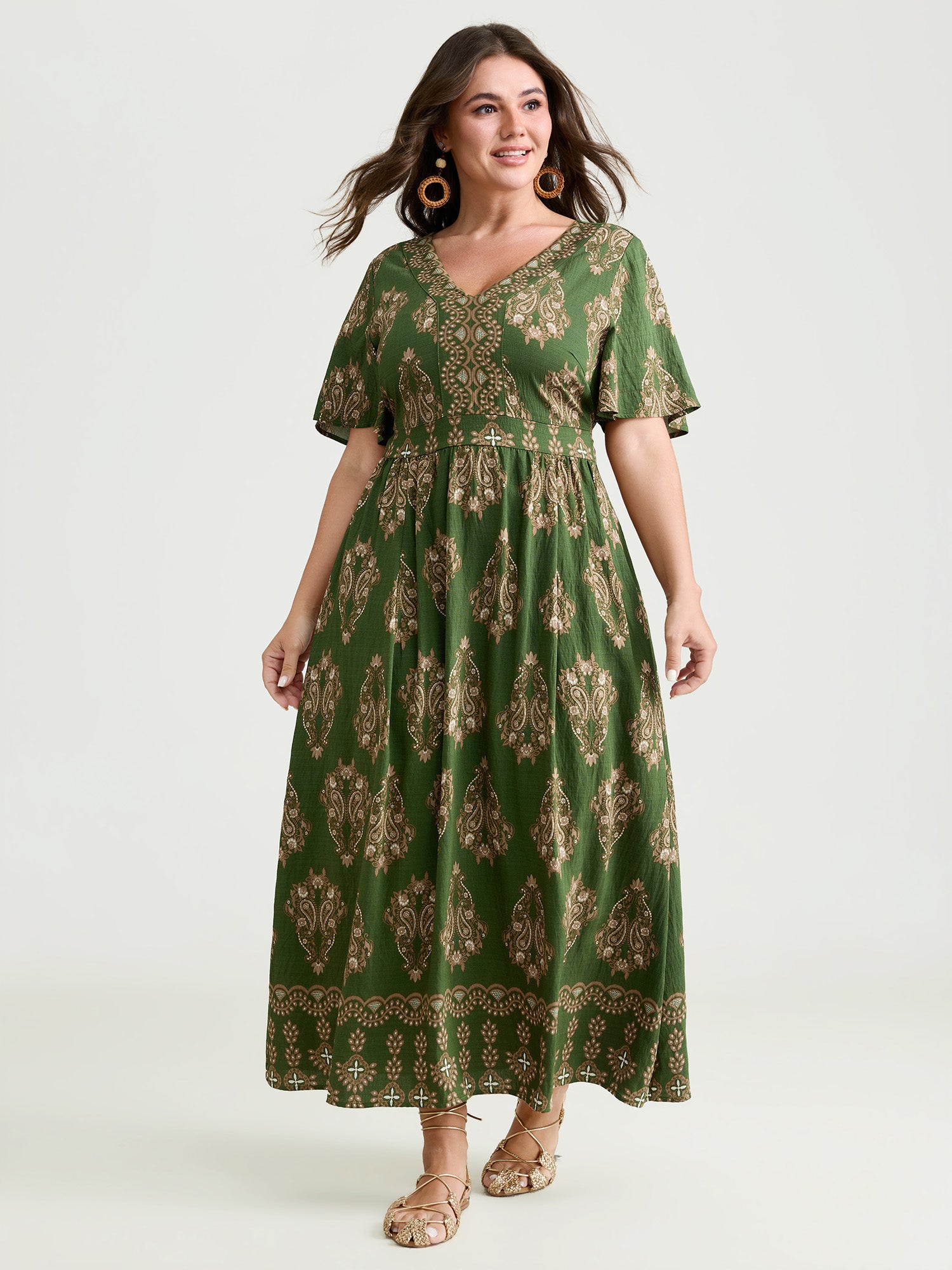 Paisley Print Pockets Shirred Waist Maxi Dress