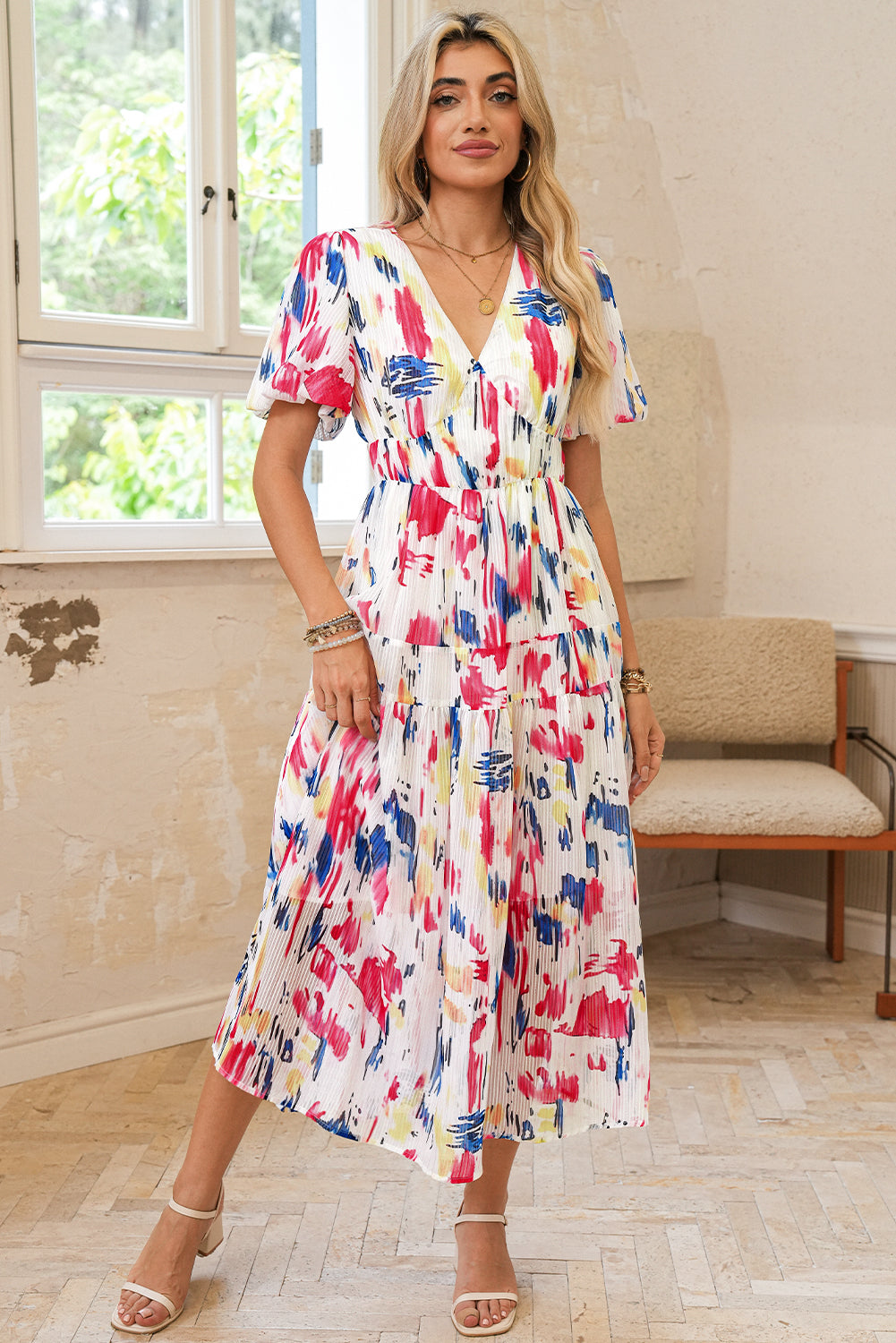 Rose Abstract Print Short Puff Sleeve Tiered Maxi Dress