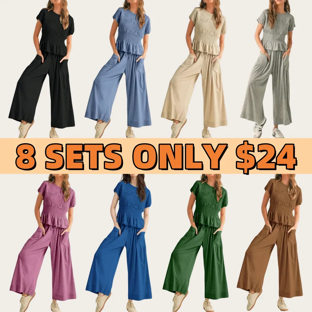 Casual Boho Matching Set Smocked Top & Wide-Leg Pants